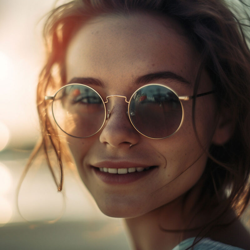 Mulher usando óculos com lentes fotossensíveis