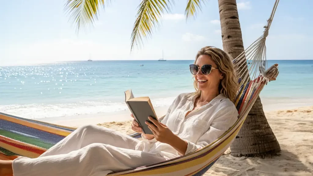 Pessoa lendo na praia usando óculos de sol com grau com conforto visual.