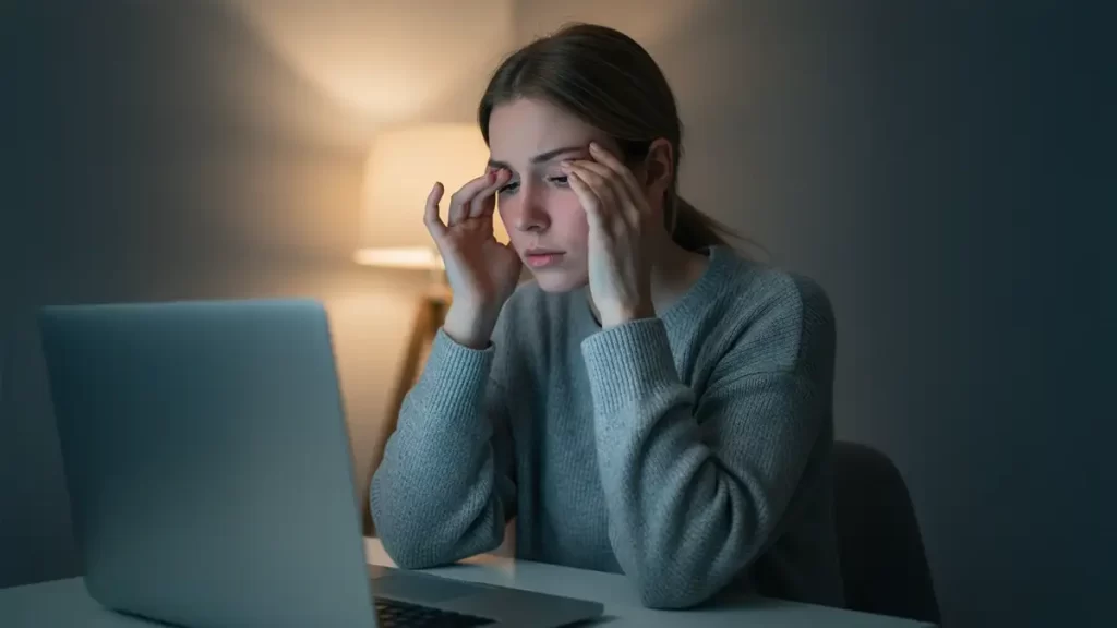 Mulher com cansaço visual e visão embaçada após uso de computador
