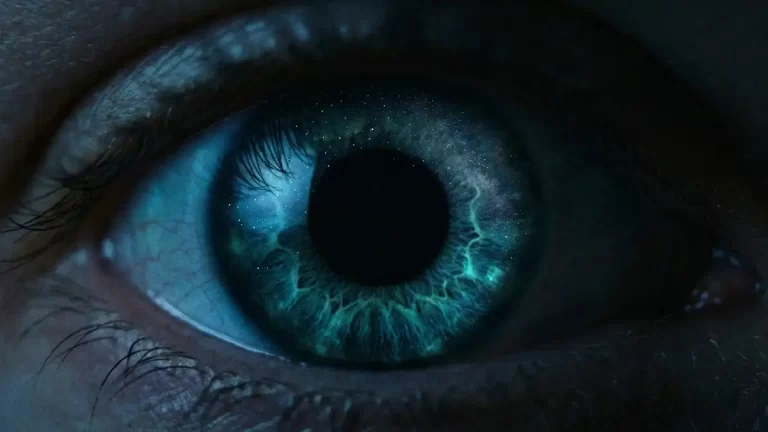 Close-up de um olho humano com a pupila dilatada adaptando-se para a visão noturna.