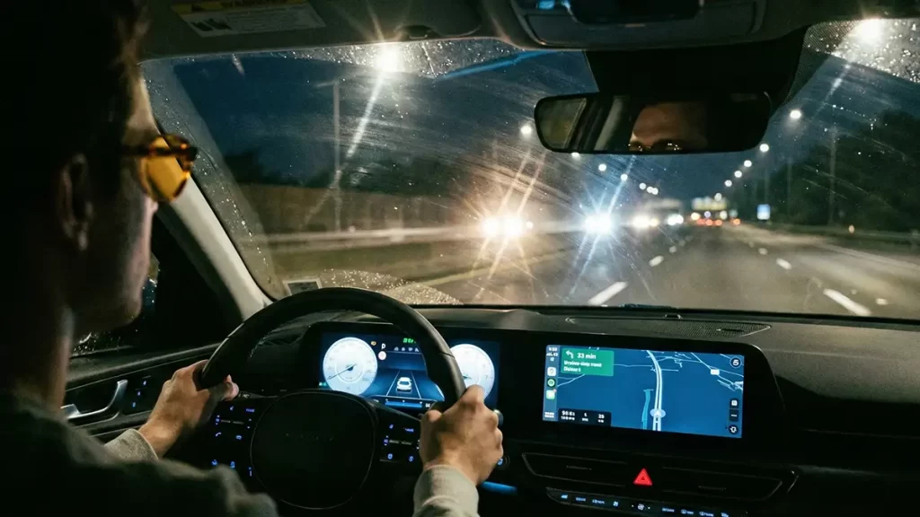 Motorista dirigindo à noite com segurança usando óculos que reduzem o ofuscamento dos faróis.