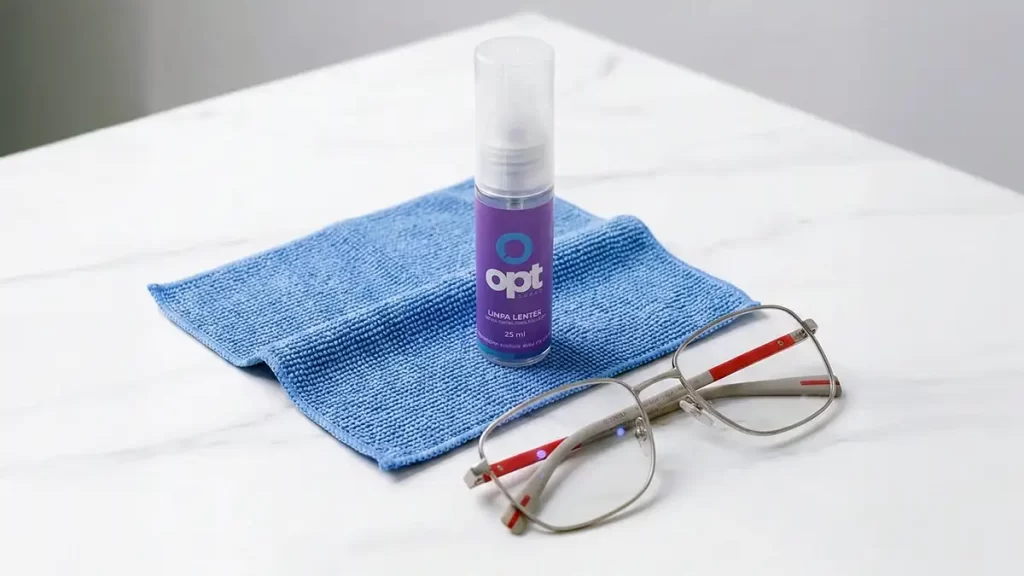 Kit de limpeza para óculos com spray e flanela de microfibra.