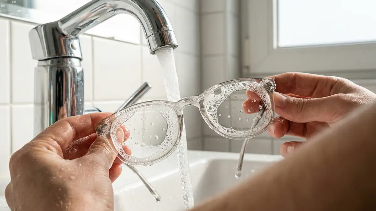 Passo a passo de como limpar óculos com água e sabão neutro para evitar arranhões.