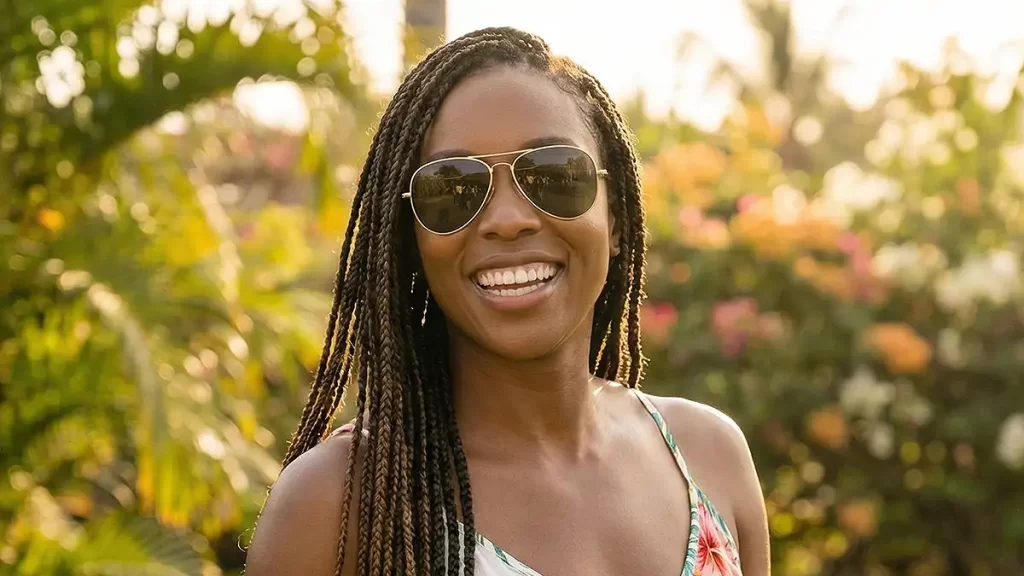 Modelo com rosto oval usando óculos de sol estilo aviador, realçando a versatilidade do formato