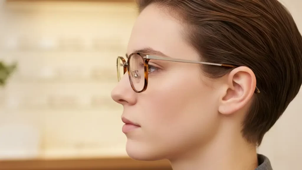 Óculos multifocal ajustado corretamente no rosto para garantir o alinhamento dos campos de visão