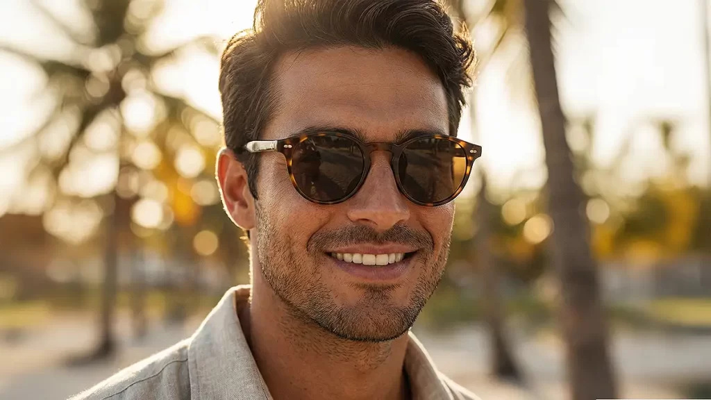 Pessoa com rosto quadrado usando óculos de sol redondos ou ovais para suavizar as feições