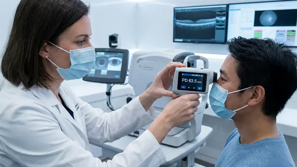 Especialista medindo a distância nasopupilar (DNP) para confecção de óculos personalizados.