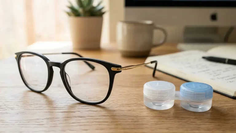 Comparativo visual entre armação de óculos de grau moderna e estojo de lentes de contato sobre mesa de madeira.
