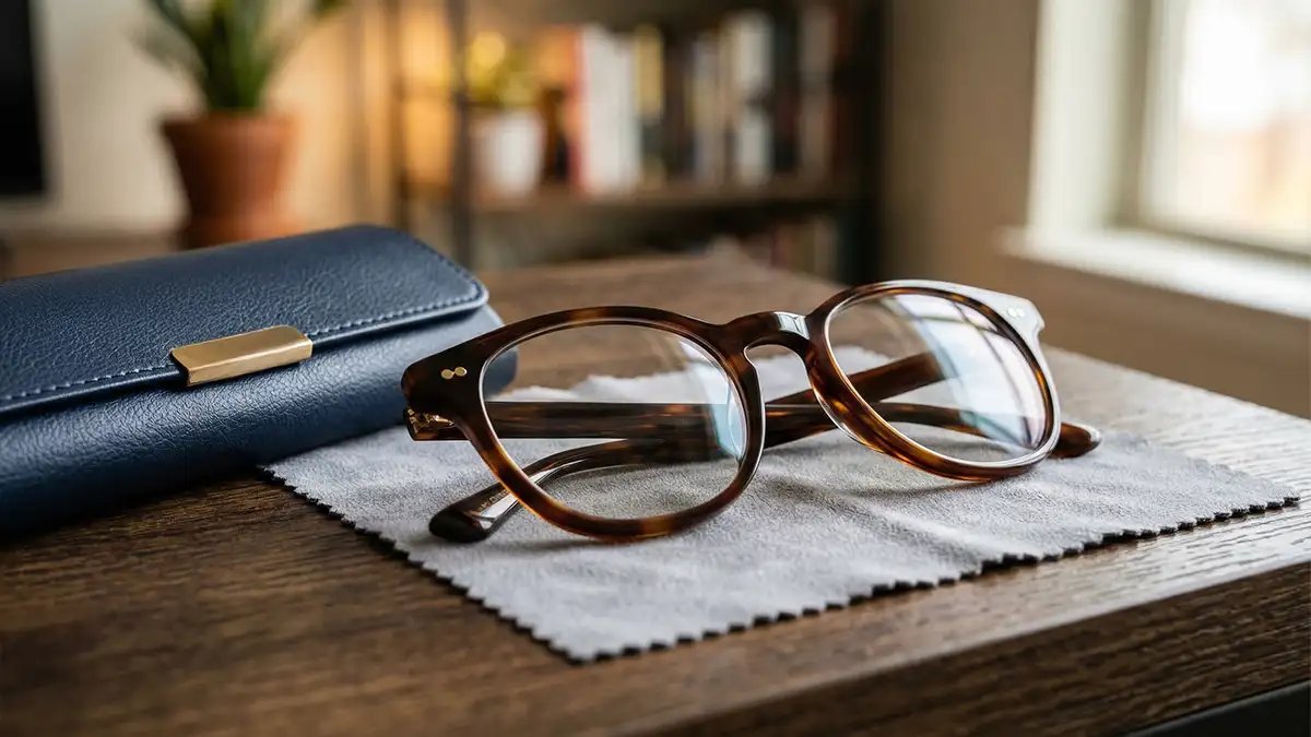 Óculos de grau limpos sobre uma flanela de microfibra, ilustrando os cuidados necessários para aumentar a vida útil do acessório