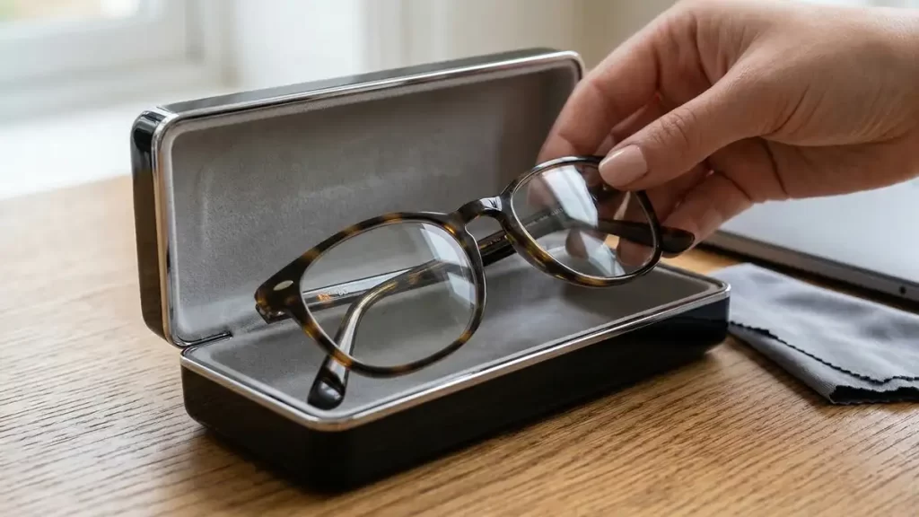 Óculos sendo colocado corretamente dentro de um estojo rígido