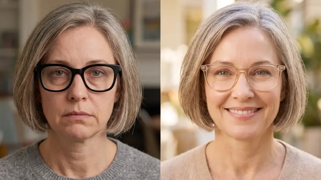 Comparação do efeito das cores dos óculos no rejuvenescimento do rosto.